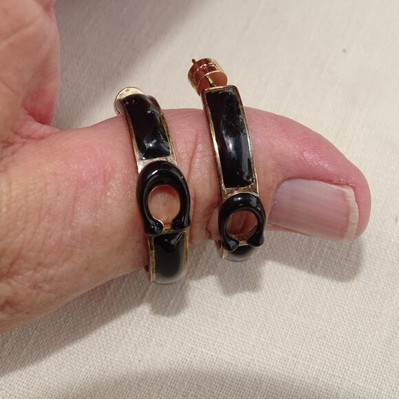 Coach Large Gold and Black Enameled Large Hoop Pierced Earrings New - Picture 7 of 7